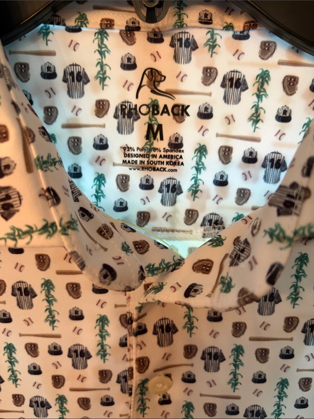 Rhoback White Short Sleeve Button-Down Shirt with Green & Brown Print